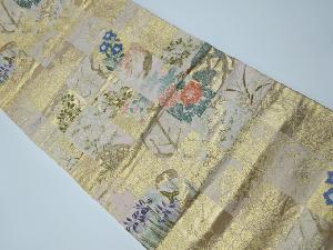 リサイクル　石畳に四季草花・鳥模様織り出し袋帯